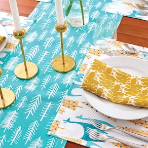 Christmas Cotton Dining Collection - Whimsical Scandinavian Winter Holiday Scandi Printed Tablecloth, Placemats, Napkins, and Table Runner