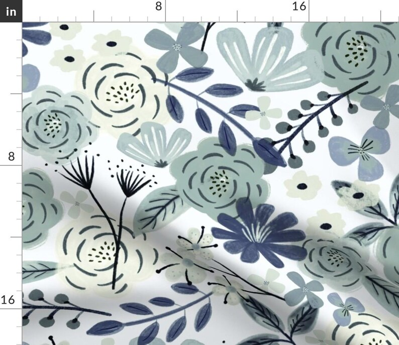 Blue Boho Floral Curtain Panel - Sage Green Floral Wilderness Large Scale Navy Blue Custom Curtain Panel - Flower Child Boho by roochita - image 6