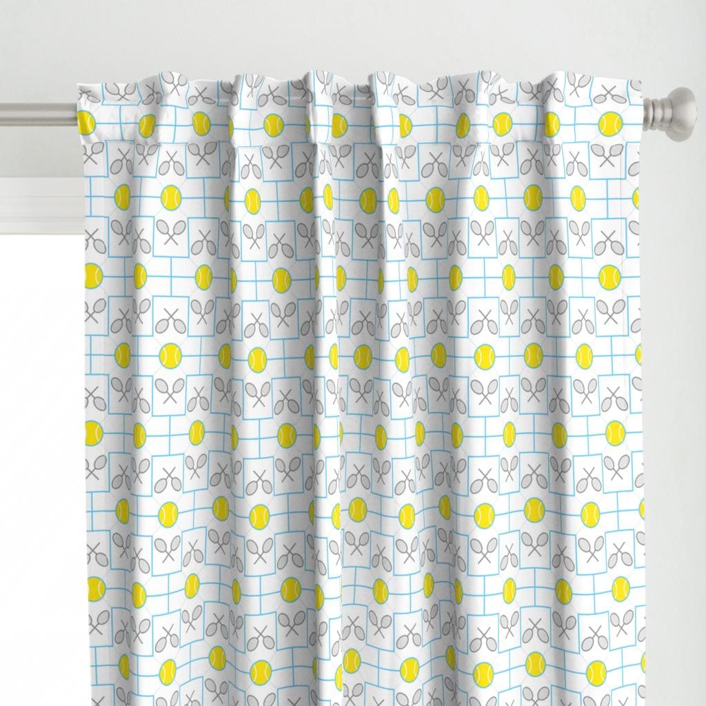 Yellow Curtain Panel - Tennis Balls & Racquets by sef - White Blue Tessellation T-shirt Tennis Racquet Custom Curtain Panel by Spoonflower