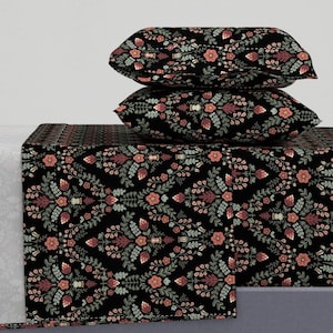 Scandi Floral Sheets - Dark Scandinavian by trinetollefsen - Black Green Mint Peach Pink Cotton Sateen Sheet Set Bedding by Spoonflower