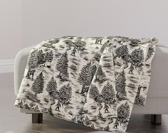 Sasquatch Throw Blanket - Black Bigfoot Yeti Camping Toile Throw Blanket - Bigfoot Toile by somecallmebeth
