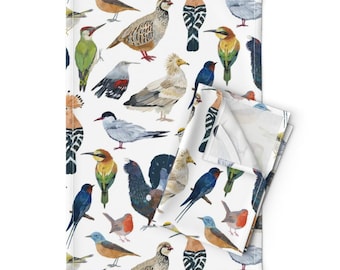 « Observation des oiseaux » Lot de 2 torchons - Pic Hirondelle Rouge-gorge Perdrix Mouette Oiseaux Nature Bleu Lin Coton - Observation des oiseaux