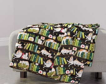 Books Throw Blanket - Library Cats by elena_naylor - Feline Bookcase Hygge Cozy Cute Home Pet Flat Throw Blanket with Spoonflower Fabric