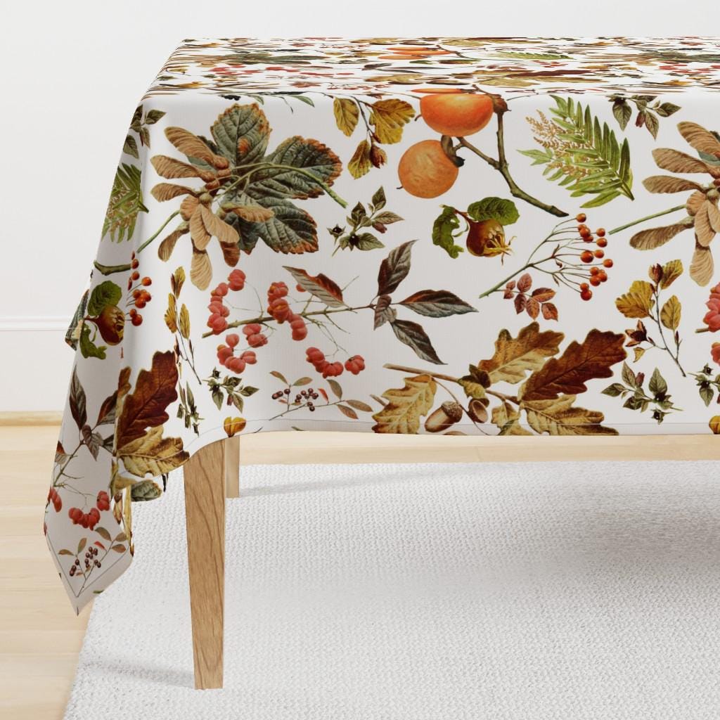 Fall Tablecloth - Vintage Botanical Autumn by redbriarstudio - Vintage Florals Thanksgiving Decor Cotton Sateen Tablecloth by Spoonflower