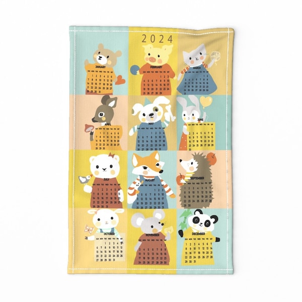 2024 Calendar Tea Towel - Animal Friends Calendar 2024 by gomboc - Tea Towel Teddy Bear Cat  Linen Cotton Canvas Tea Towel by Spoonflower