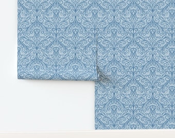 Damask Non-Pasted Wallpaper Lines Dots Cross Catholic Mary Latin Blue - Auspice Damask Blue by thelittleroseshop Wallpaper by Spoonflower
