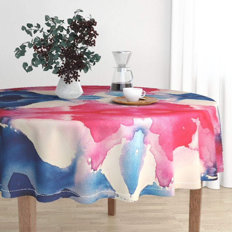 Abstract Cotton Sateen Circle Tablecloth by Spoonflower Watercolor Round Tablecloth Pink And Blue Abstract  by smallhoursshop