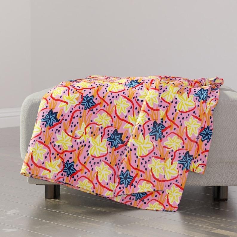 Pink Throw Blanket - Modern Garden - Pink by louisemargaret - Yellow Blue Flower Bright Floral Modern Throw Blanket with Spoonflower Fabric
