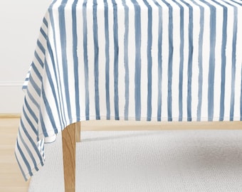 Stripe Tablecloth - Denim Blue Watercolor Stripes  by katerinaizotova - Blue Kids Home Decor Nursery Cotton Sateen Tablecloth by Spoonflower
