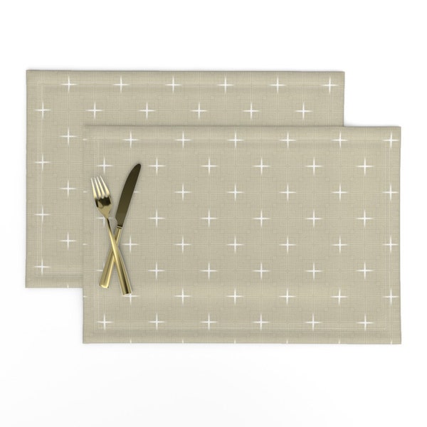 Linen Look Placemats (Set of 2) - Quasi Linen Stars Mod Latte by friztin - Beige Latte Tan Mid Century Mod Cloth Placemats by Spoonflower