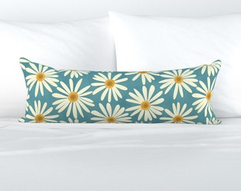 Spring Daisy XL Lumbar Pillow - Cream Blue Yellow Modern Floral Extra Large Rectangle Lumbar Pillow - Shasta Daisies Blue by mint_tulips -