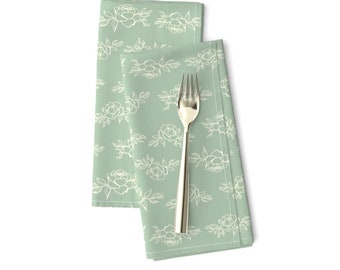 Vintage Inspired Dinner Napkins (Set of 2) - Peony Sketch by andreacernin - Floral Victorian Sage Green Sketch  Cloth Napkins by Spoonflower