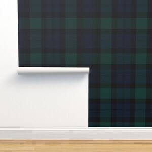 Green Blue Tartan Non-Pasted Wallpaper - Blackwatch Tartan by peacoquettedesigns - Winter Plaid Wallpaper Double Roll by Spoonflower