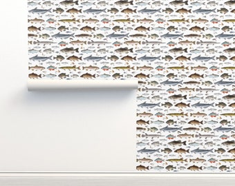 Multicolor Non-Pasted Wallpaper - Fly Fishing Small by twigandmoth -  Fish Fishing Salmon Cabin Trout Wallpaper Double Roll by Spoonflower