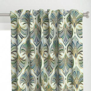 Art Nouveau Curtain Panel - Art Deco Fans by micklyn - Elegant Blue Green Golden Yellow Emerald Green Custom Curtain Panel by Spoonflower