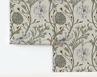 Muted Floral Non-Pasted Wallpaper Wildflowers Historical Neutral Botanical - Queen Anne's Lace by two_brds Wallpaper by Spoonflower