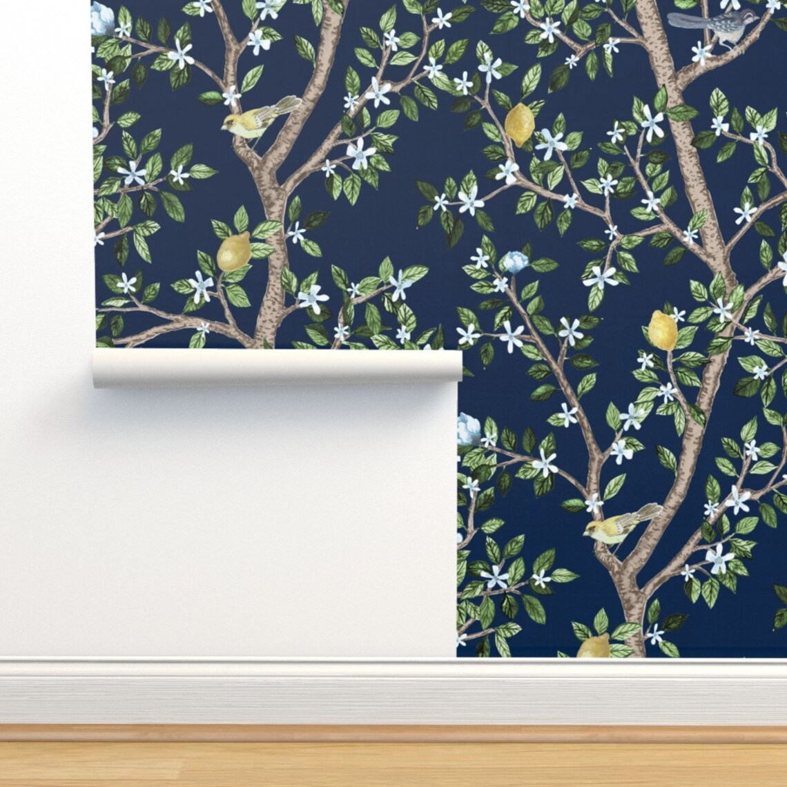 Navy Chinoiserie Wallpaper Navy Eloise With Lemons by - Etsy