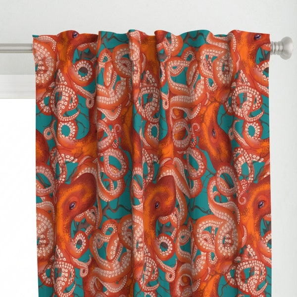 Skurriler Oktopus-Vorhang – Roter Oktopus von hnldesigns – Ozean unter dem Meer, Meeresleben, Küsten-Vorhang nach Maß von Spoonflower