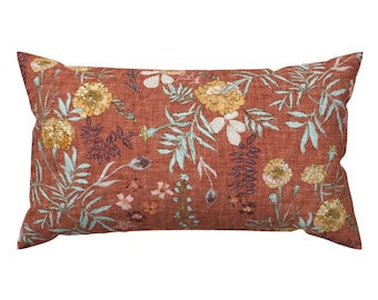 Terra Cotta Floral Accent Pillow - Marigold Love Rust  by nouveau_bohemian - Boho Wildflowers Rectangle Lumbar Throw Pillow by Spoonflower