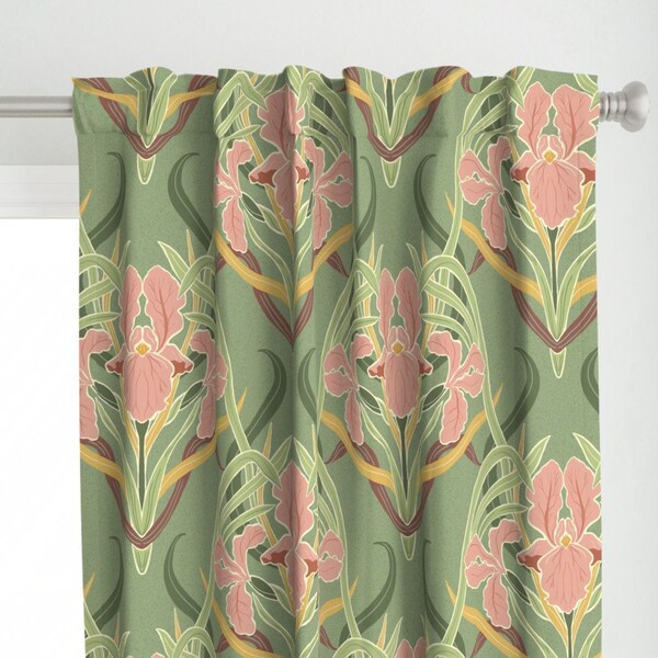 Green Curtain Panel - Art Nouveau Iris  by vinpauld -  Floral Victorian Garden Art Nouveau Large Scale Custom Curtain Panel by Spoonflower