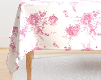 Spring Toile Tablecloth - Pink Sorbet Floral by lilyoake - Cottagecore Victorian Chintz Shabby Chic Cotton Sateen Tablecloth by Spoonflower