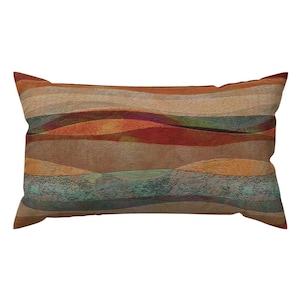 May include: A rectangular throw pillow with a colorful abstract design. The pillow features a wavy pattern of brown, orange, red, green, and blue hues.