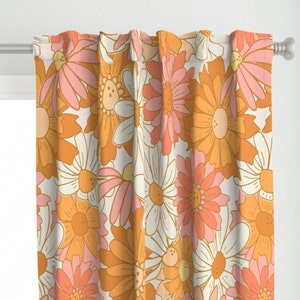 Vintage Daisy Curtain Panel - Jumbo 70s Floral by ashesandivy - Pink & Orange Large Scale Flower Power Custom Curtain Panel by Spoonflower