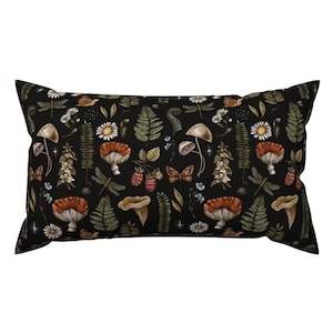 Woodland Accent Pillow - Mushrooms On Black by depiano - Fern Moth Dragonfly Mushroom Amanita Rectangle Lumbar Throw Pillow by Spoonflower