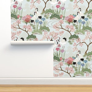 Crane Chinoiserie Non-Pasted Wallpaper - Japanese Garden by juditgueth - Blue Green Pink Botanical Wallpaper Double Roll by Spoonflower