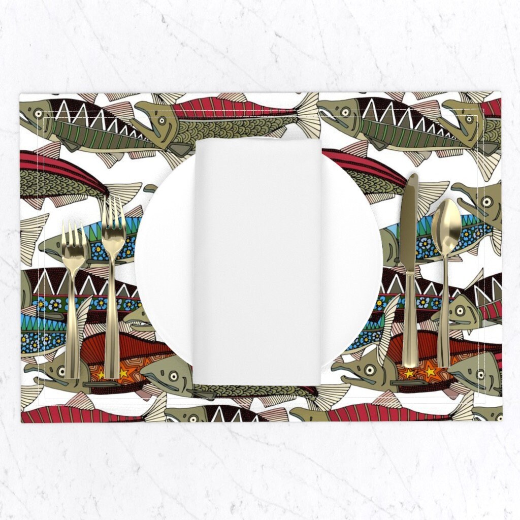 Fish Placemats set of 2 Alaskan Salmon White by Scrummy Etsy