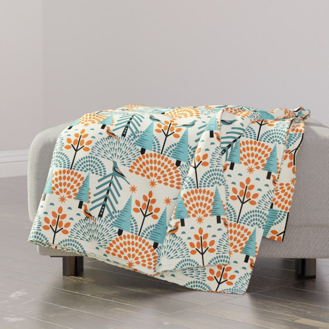 Birds Throw Blanket Scandi Bird Sanctuary Autumn by Wolflingblue Trees