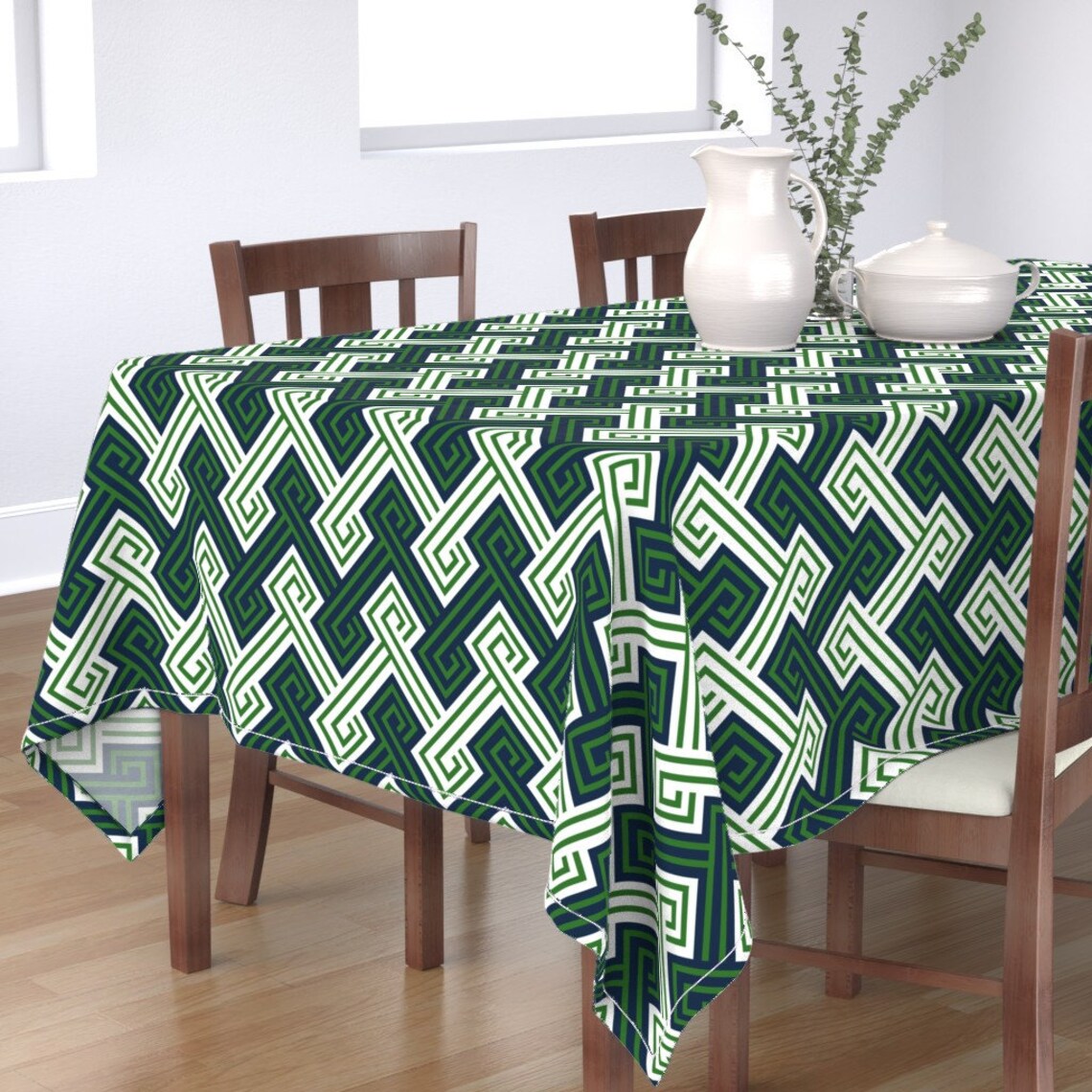 Geometric Tablecloth Greek Key Preppy Navy Green by Etsy