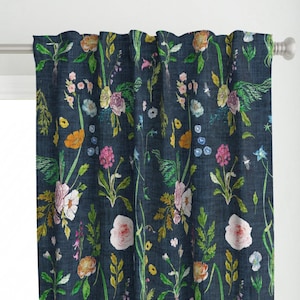 Floral Curtain Panel - Jane Navy by nouveau_bohemian - Summer Daisy Navy Blue Flowers Rose Vintage Custom Curtain Panel by Spoonflower