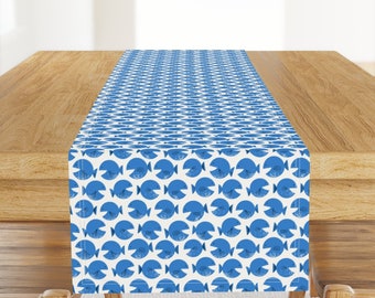 Whimsical Blue Fish Table Runner - Puffer Fish  by lennyellendesign - Coastal Fun Cute Bright Blue Cotton Sateen Table Runner by Spoonflower