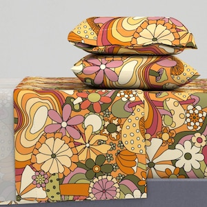 Retro Sheets - Groovy Mushroom Garden by yesterdaycollection - Vintage Floral Retro Hippie Cotton Sateen Sheet Set Bedding by Spoonflower