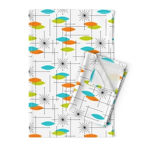 Star Tea Towels (Set of 2) - Mid Century Space  by tonyanewton - Mid Century Space Starburst Atomic Linen Cotton Tea Towels by Spoonflower