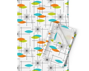 Star Tea Towels Set of 2 - Mid Century Space Starburst Atomic Mid Century Modern Retro Linen Cotton - Mid Century Space  by tonyanewton