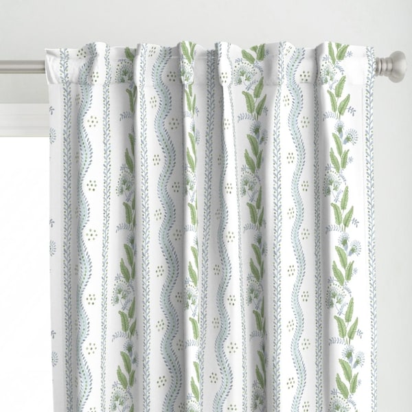 Regency Floral Curtain Panel - Folk Art Light Blue Leaves Flower Vine Custom Curtain Panel - Soft Blue And Greens by danika_herrick -