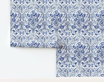 Blue Vintage Floral Non-Pasted Wallpaper Arts And Crafts William Morris - Blue Floral Damask by eti_enne Wallpaper by Spoonflower