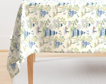 Chinoiserie Tablecloth - Chinoiserie by barbarapixton - Pagoda Asian Inspired Toile Landscape Cotton Sateen Tablecloth by Spoonflower