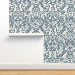 Modern Cat Damask Non-Pasted Wallpaper - Cat Damask by kociara - Denim Blue And Cream Vintage Inspired Wallpaper Double Roll by Spoonflower