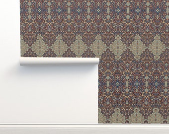 Historical Damask Non-Pasted Wallpaper Victorian Antique Style  Blue Red - Ornate Damask by muhlenkott Wallpaper Double Roll by Spoonflower