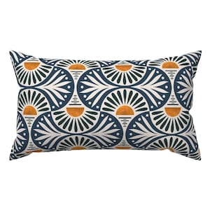 Modernes abstraktes lumbales Kissen - mutiges geometrisches Art-Deco-Blau-Orange-Blätter-Rechteck-Akzent-Wurfkissen - Deko-Sonnenuntergang-Grau by de_koro
