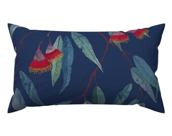 Blue Lumbar Pillow - Flowers Floral Nature Rectangle Accent Throw Pillow - Eucalyptus Leaves And Flowers On Blue 1 by lavish_season