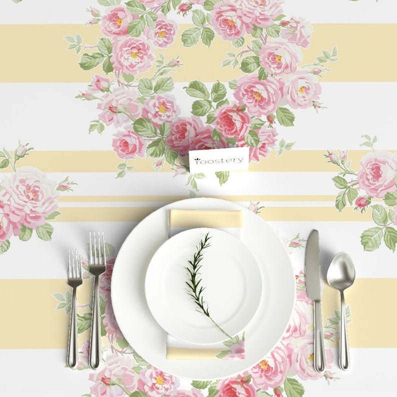 May Day Summer Roses by lilyoake Yellow Stripes Tablecloth Feminine Floral Cotton Sateen Tablecloth by Spoonflower