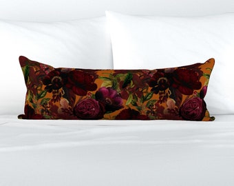 Moody Rust Rose XL Lumbar Pillow - Romantic Chintz Maximalism Extra Large Rectangle Lumbar Pillow - Maximalist Burgundy Floral by utart -