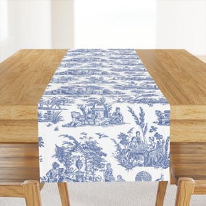 Traditional Toile Table Runner - Toile by peacoquettedesigns - French Romantic Blue And White Blue Cotton Sateen Table Runner by Spoonflower