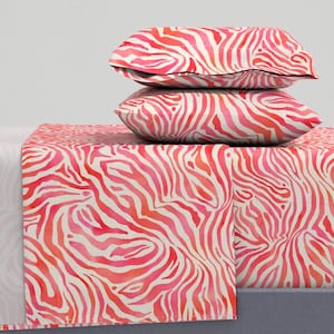 May include: Pink and white zebra print bedding set with a flat sheet, fitted sheet, and two pillowcases.