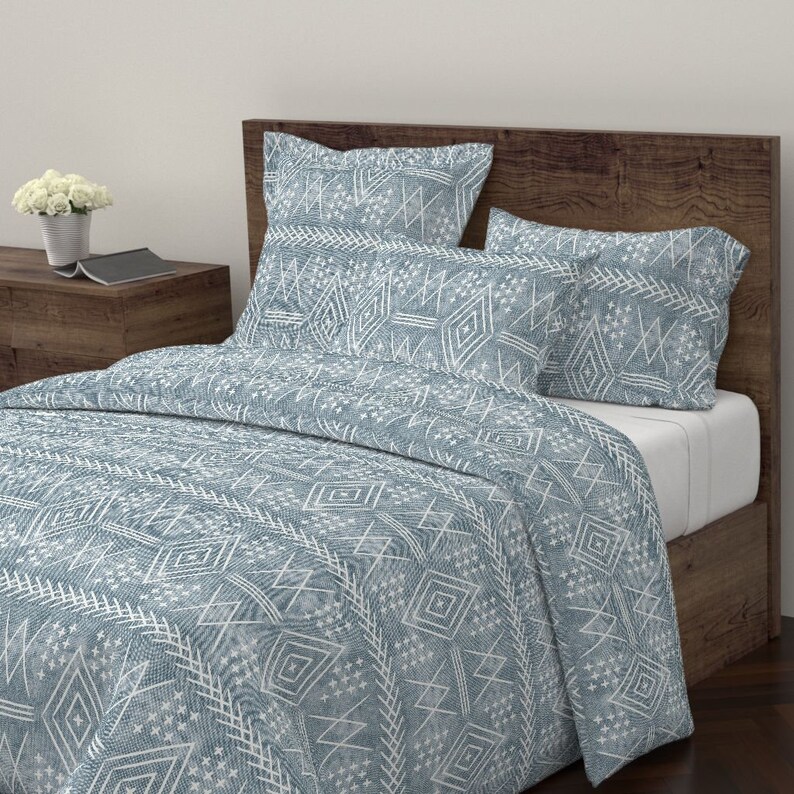 Mudcloth Duvet Cover Vintage Moroccan Dusty Blue By Littlearrowdesign Geo Cotton Sateen Bedding Spoonflower