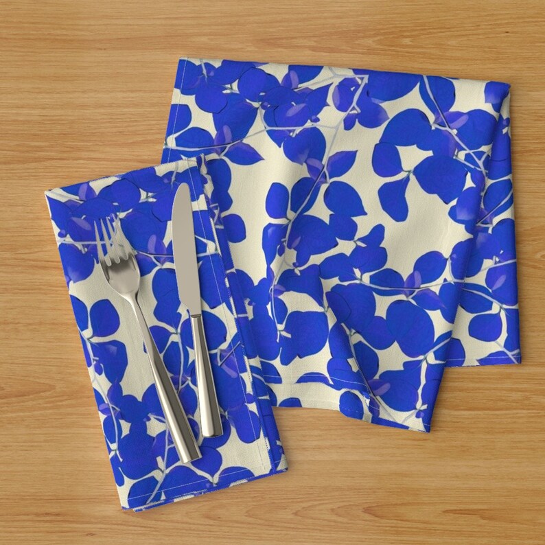 Silhouette Autumn Colonial Cloth Napkins by Spoonflower - Blue Leaves On Vanilla by lauriekentdesigns Botanical Dinner Napkins Set of 2